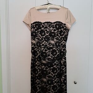 Le Chateau Black and Cream Lace Midi Dress